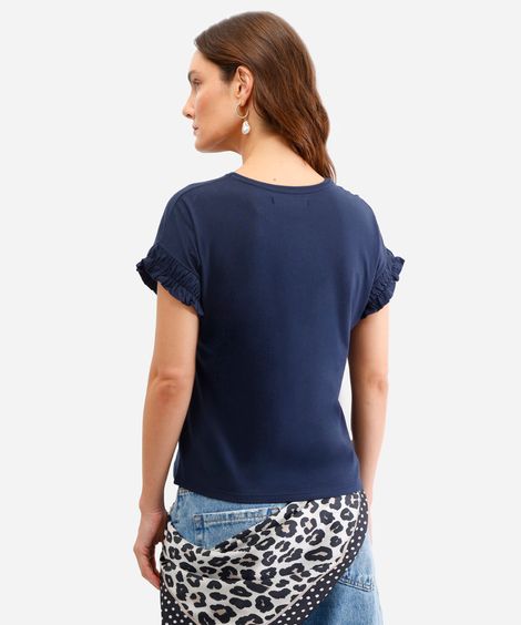 camiseta feminina de algodão manga curta com frufru azul