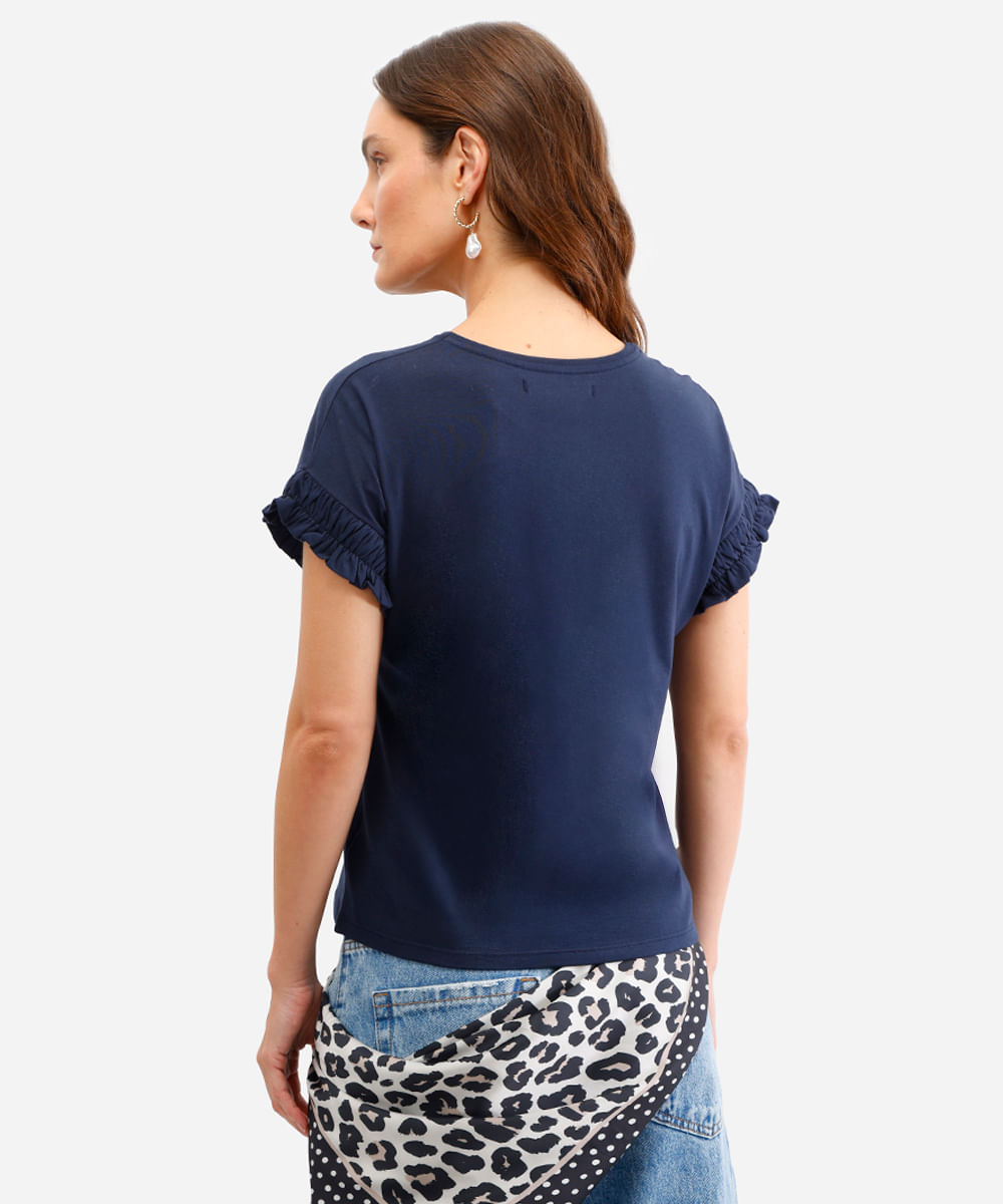camiseta feminina de algodão manga curta com frufru azul