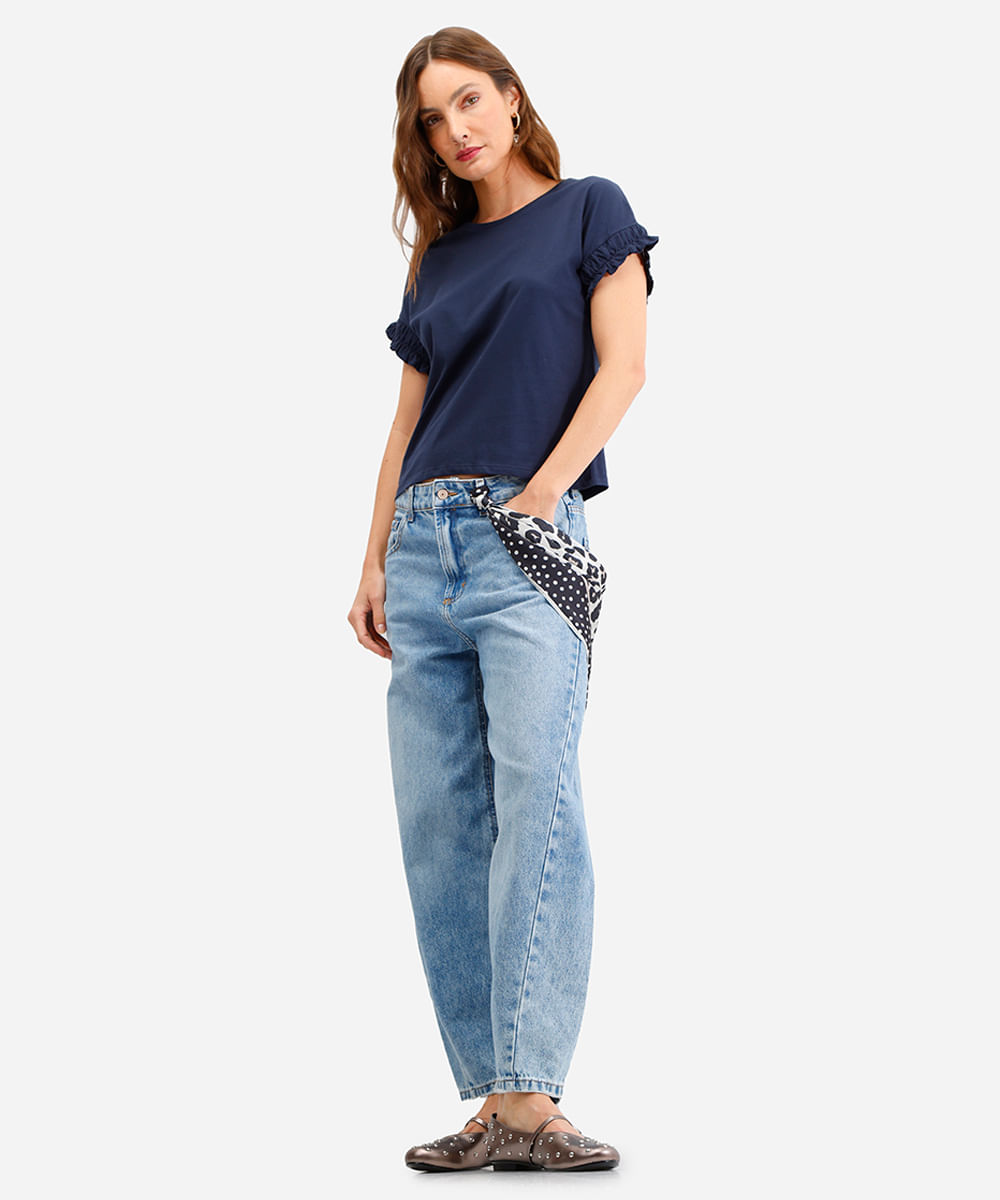 camiseta feminina de algodão manga curta com frufru azul