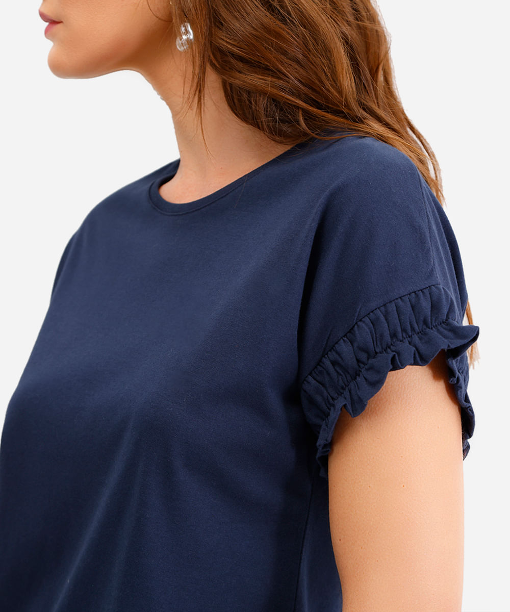 camiseta feminina de algodão manga curta com frufru azul