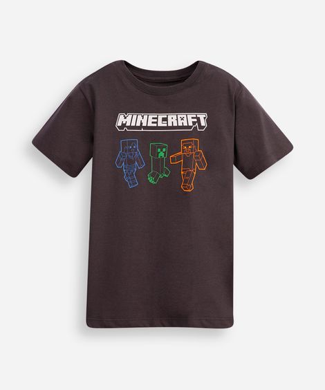 camiseta infantil minecraft de algodão manga curta cinza