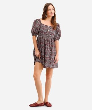 vestido curto feminino de algodão floral manga bufante verde
