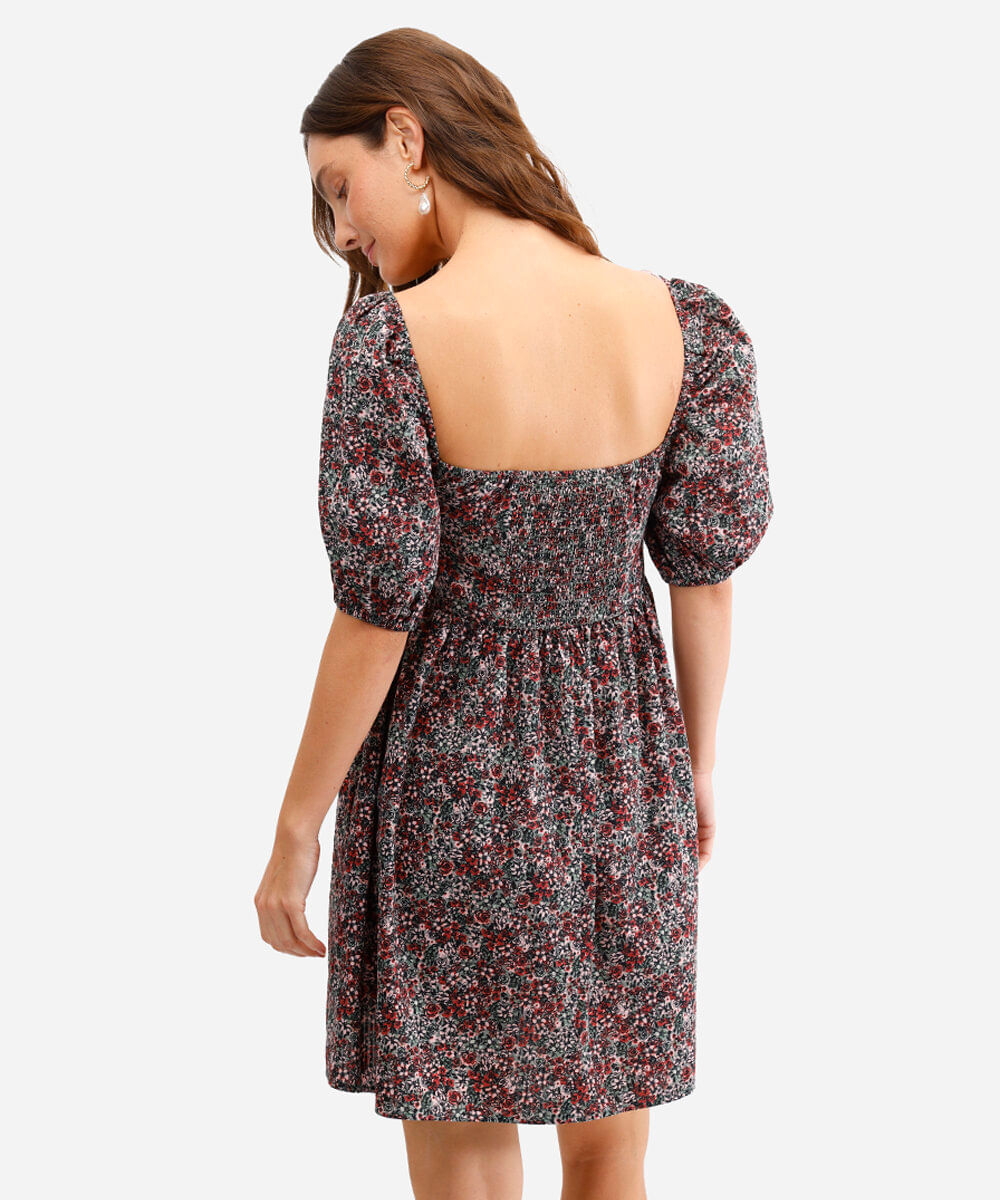 vestido curto feminino de algodão floral manga bufante verde
