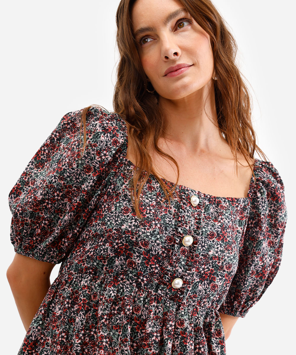 vestido curto feminino de algodão floral manga bufante verde