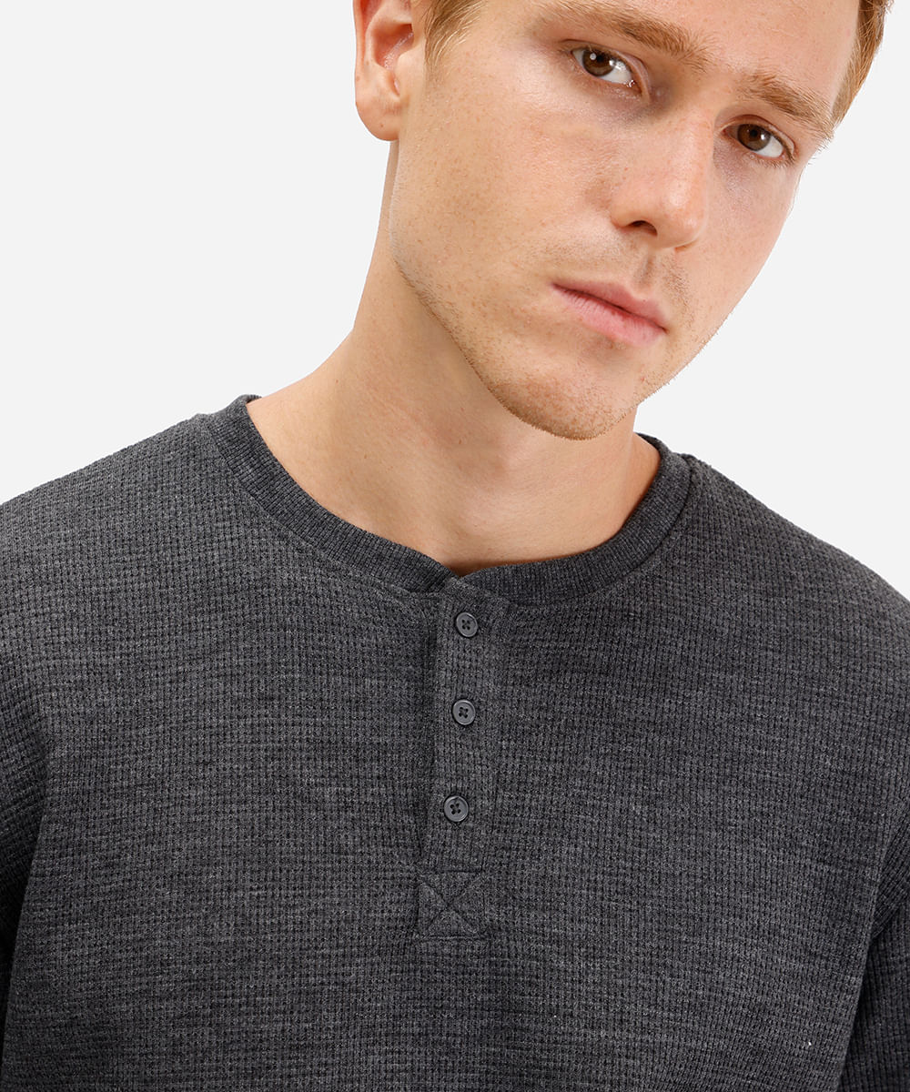 blusa básica masculina manga longa texturizada cinza