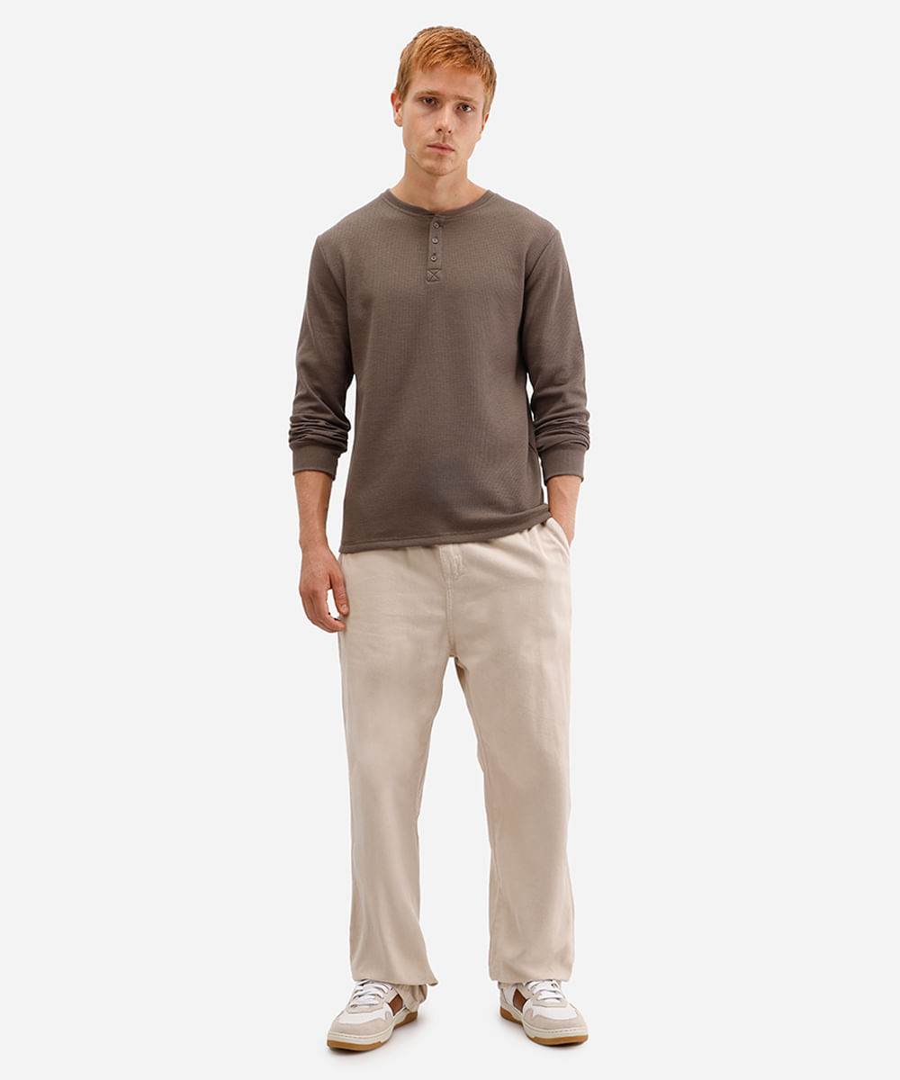 blusa básica masculina manga longa texturizada bege