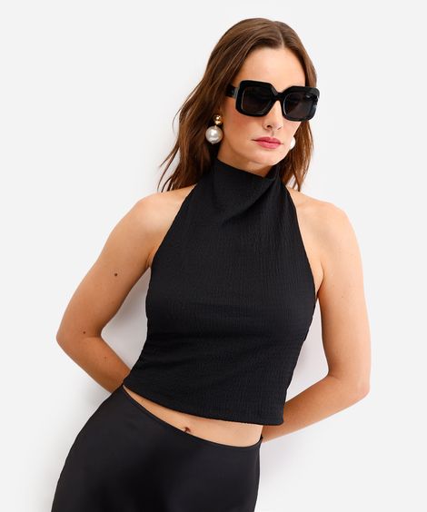 blusa feminina halterneck texturizada preta