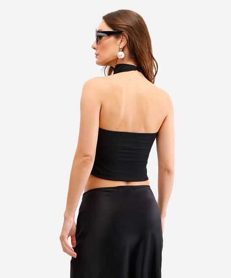 blusa feminina halterneck texturizada preta