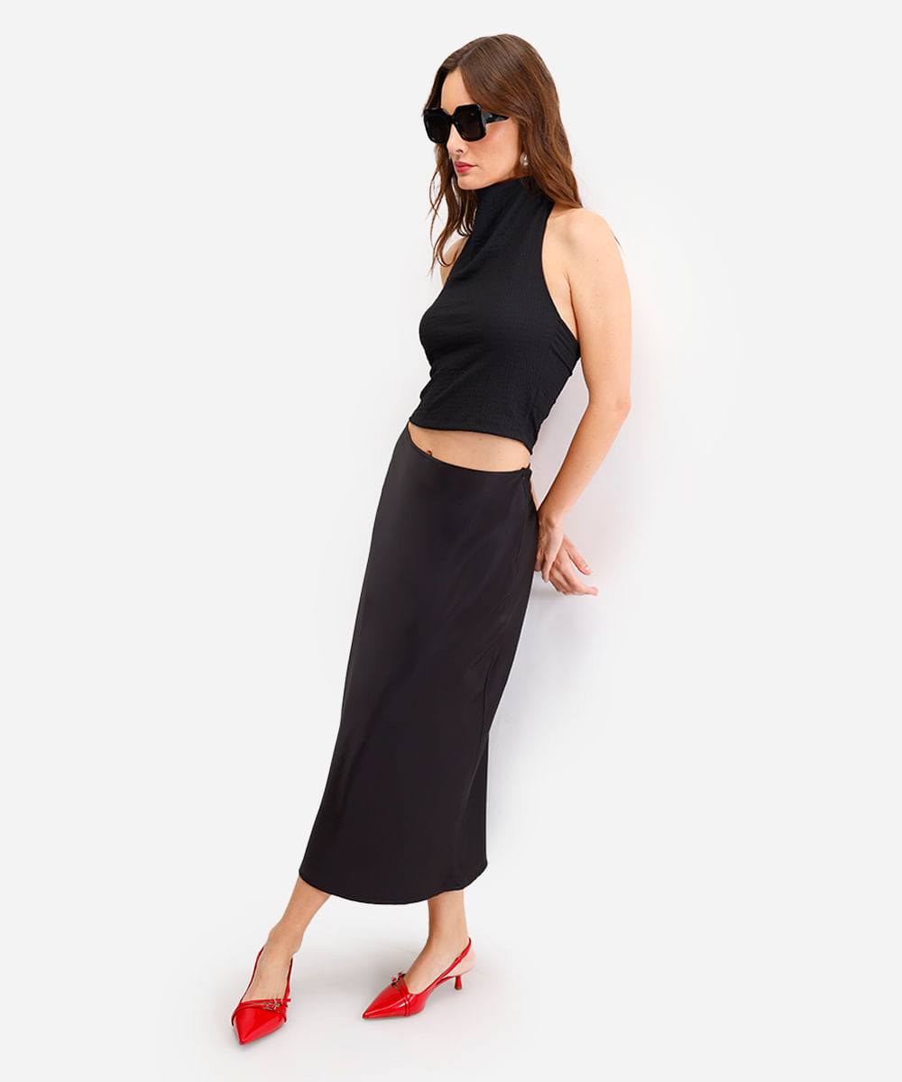 blusa feminina halterneck texturizada preta