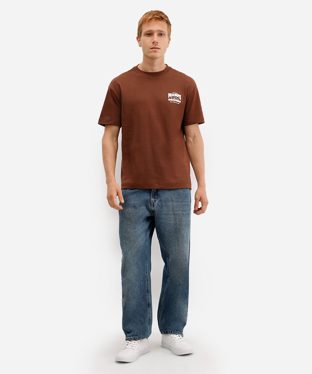 camiseta de algodão manga curta snoopy peanuts marrom