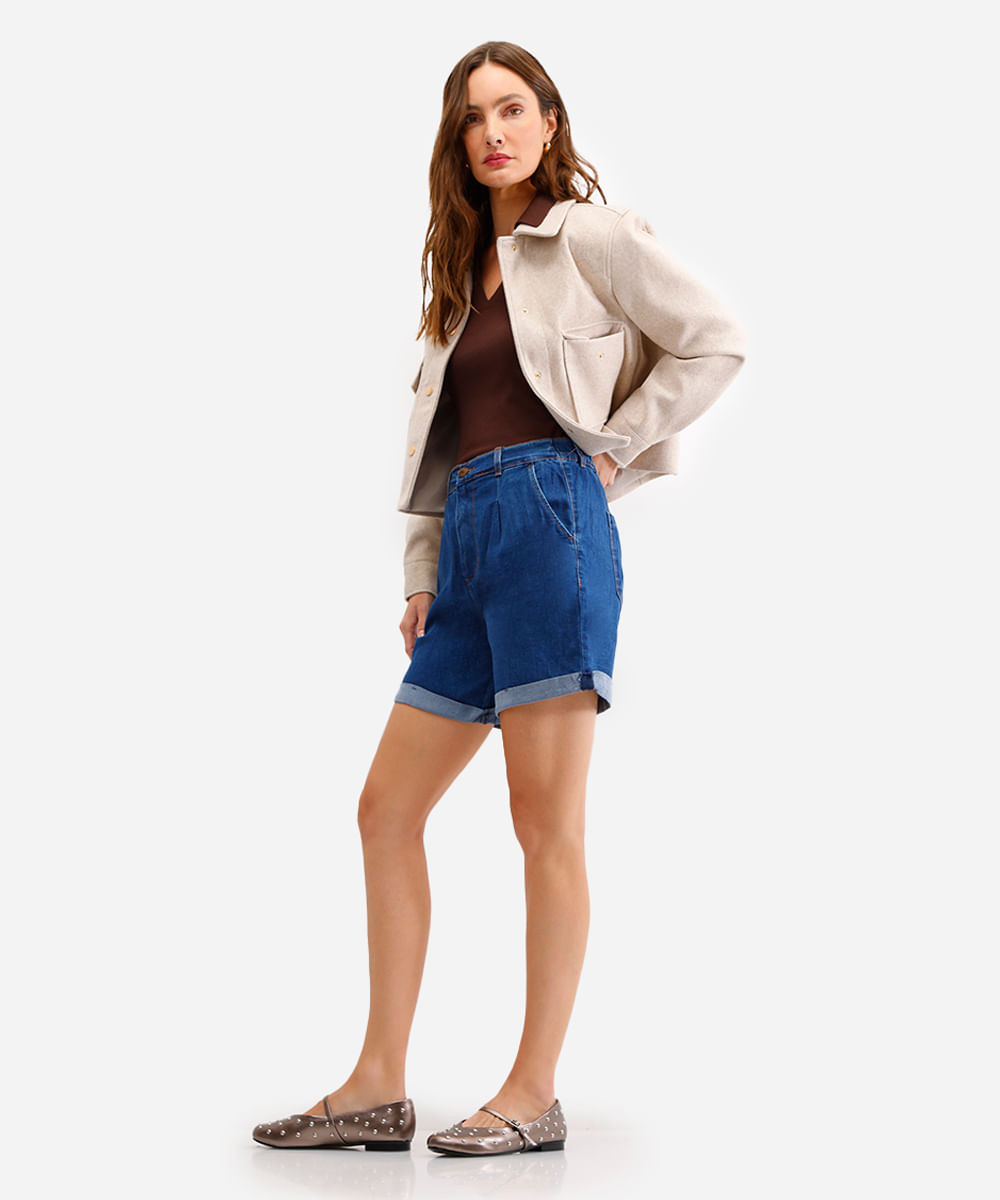 bermuda feminina jeans cós elástico - jeans escuro