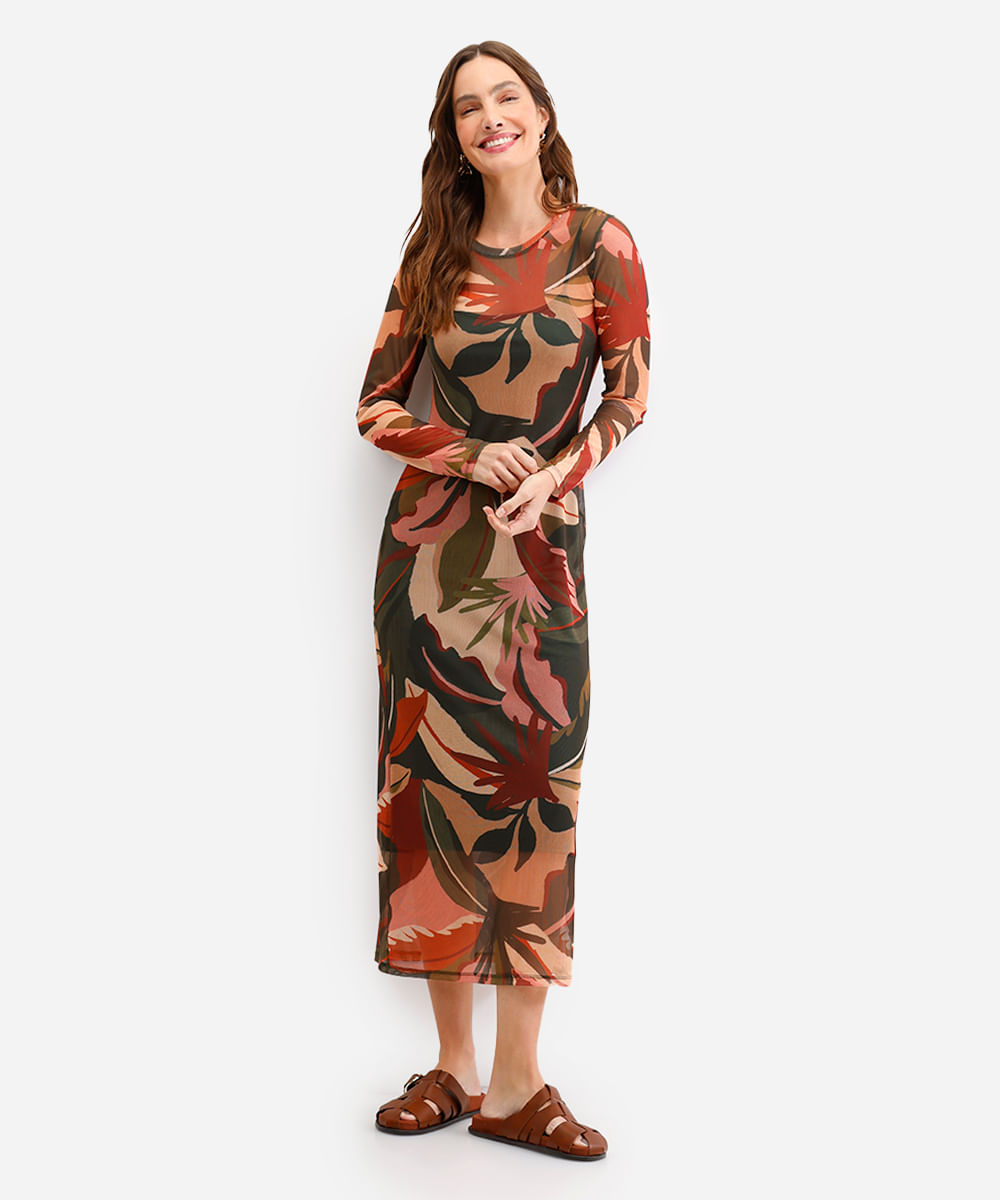 vestido midi feminino de tule manga longa folhagem verde