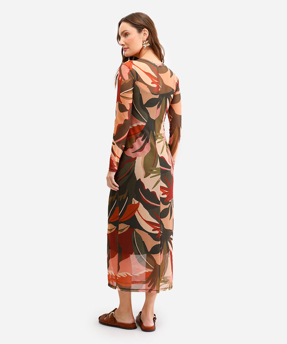 vestido midi feminino de tule manga longa folhagem verde