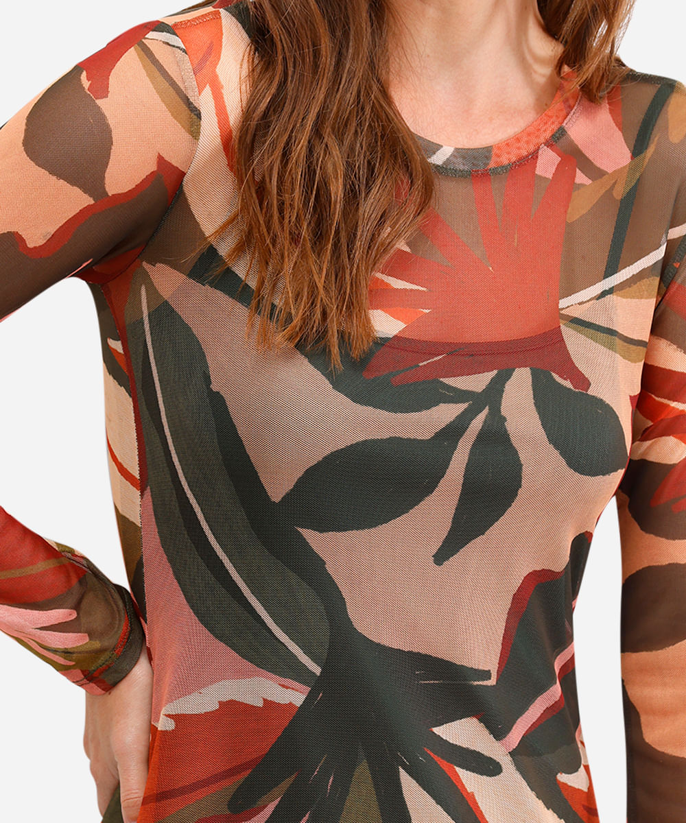 vestido midi feminino de tule manga longa folhagem verde