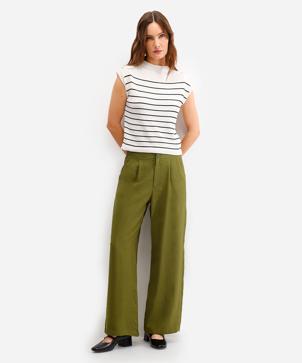 calça wide leg de viscose cintura alta - verde militar