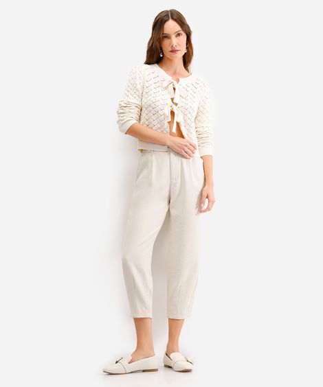 calça carrot de viscose cintura alta com elástico bege
