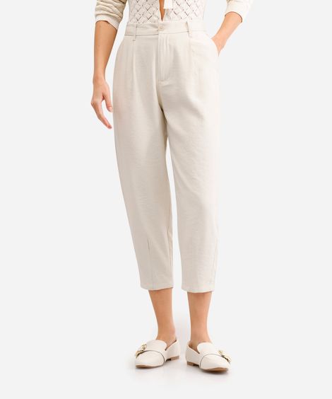 calça carrot de viscose cintura alta com elástico bege