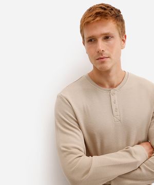 blusa básica masculina manga longa texturizada bege
