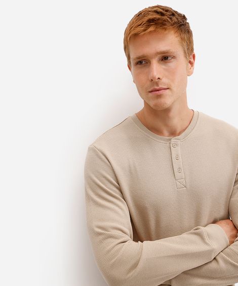blusa básica masculina manga longa texturizada bege
