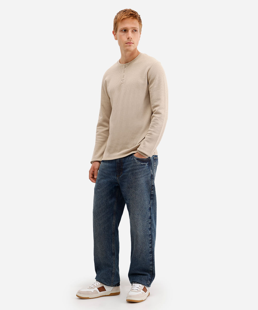 blusa básica masculina manga longa texturizada bege