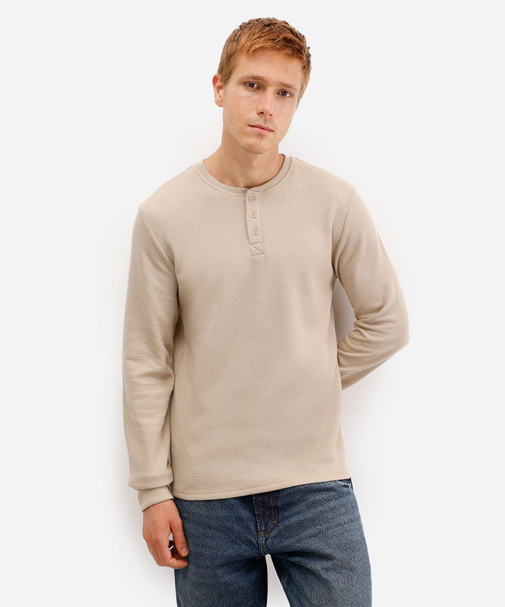 blusa básica masculina manga longa texturizada bege