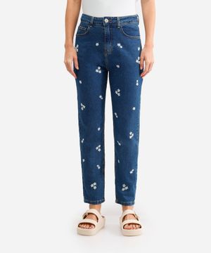 calça mom feminina jeans com bordado floral azul