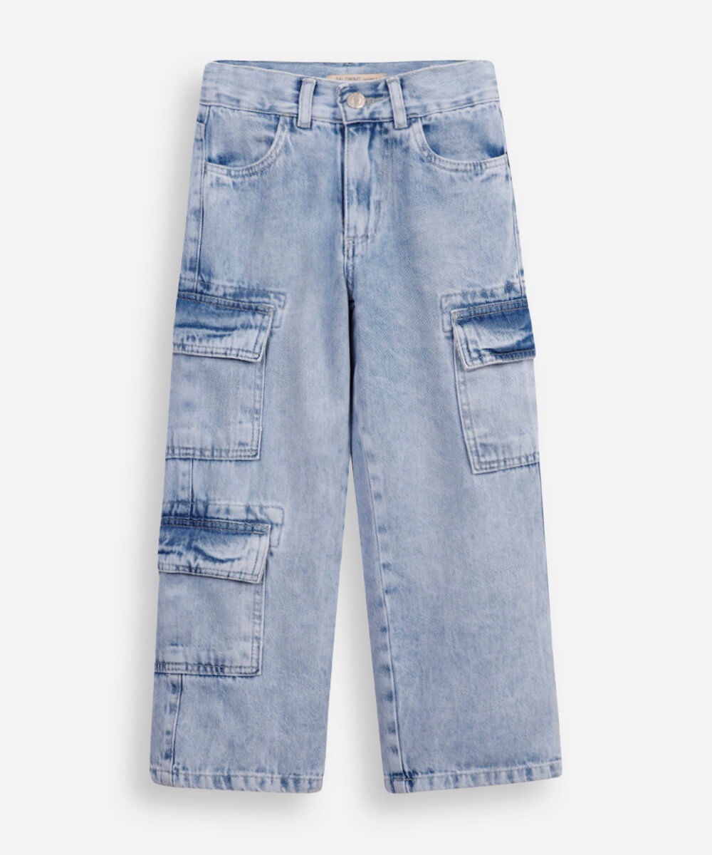 calça cargo infantil jeans cintura alta azul