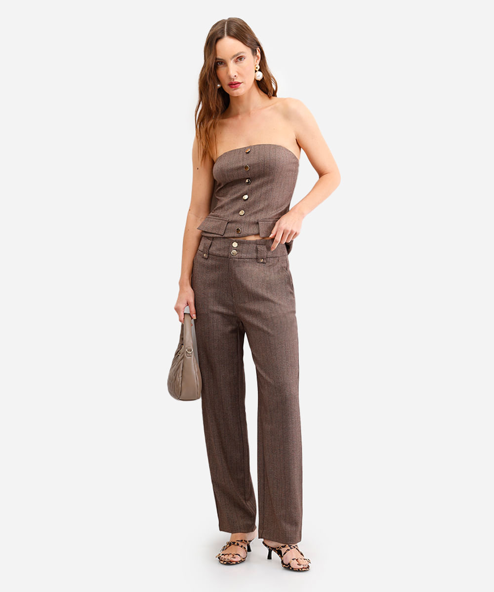 calça feminina de alfaiataria cintura alta listrada marrom