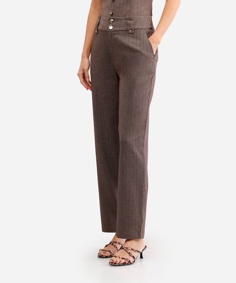 calça feminina de alfaiataria cintura alta listrada marrom