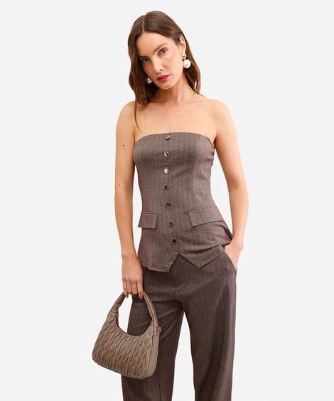 blusa feminina sem alça com botões listrada marrom