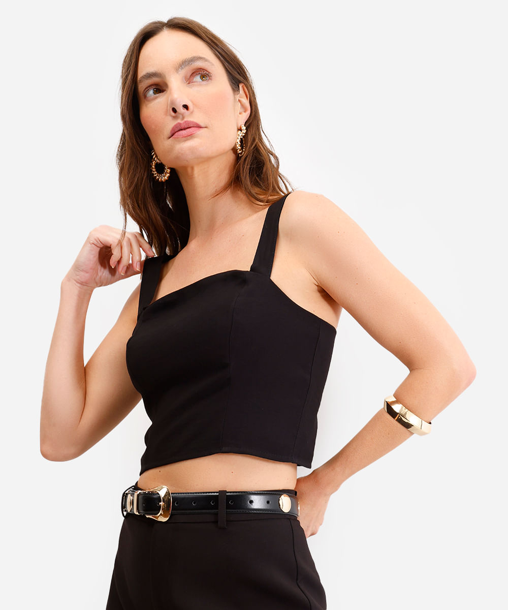 cropped feminino de viscose decote quadrado preto