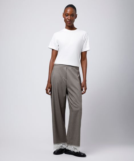 calça reta cropped feminina xadrez com renda mindset bege