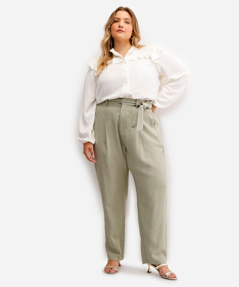 calça alfaiataria plus size de viscose com amarração verde