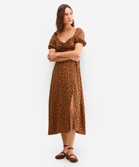 vestido midi feminino de viscose manga bufante floral marrom