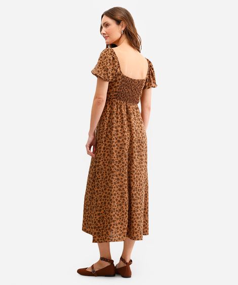 vestido midi feminino de viscose manga bufante floral marrom