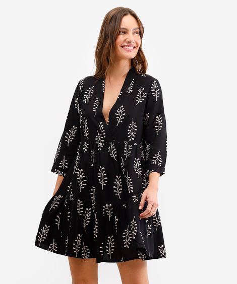 vestido feminino de viscose decote v folhagem preto