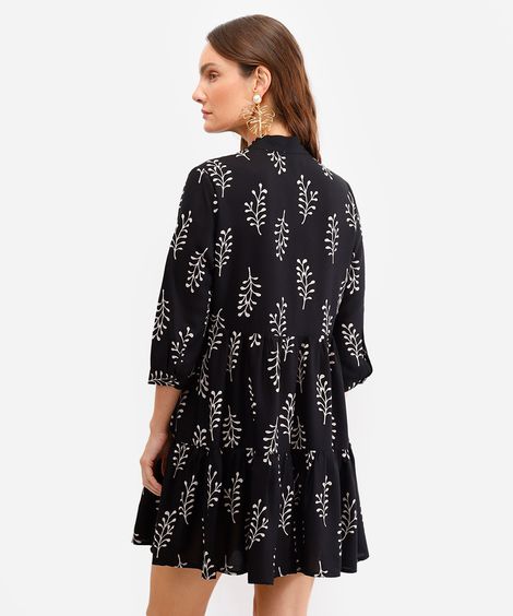 vestido feminino de viscose decote v folhagem preto