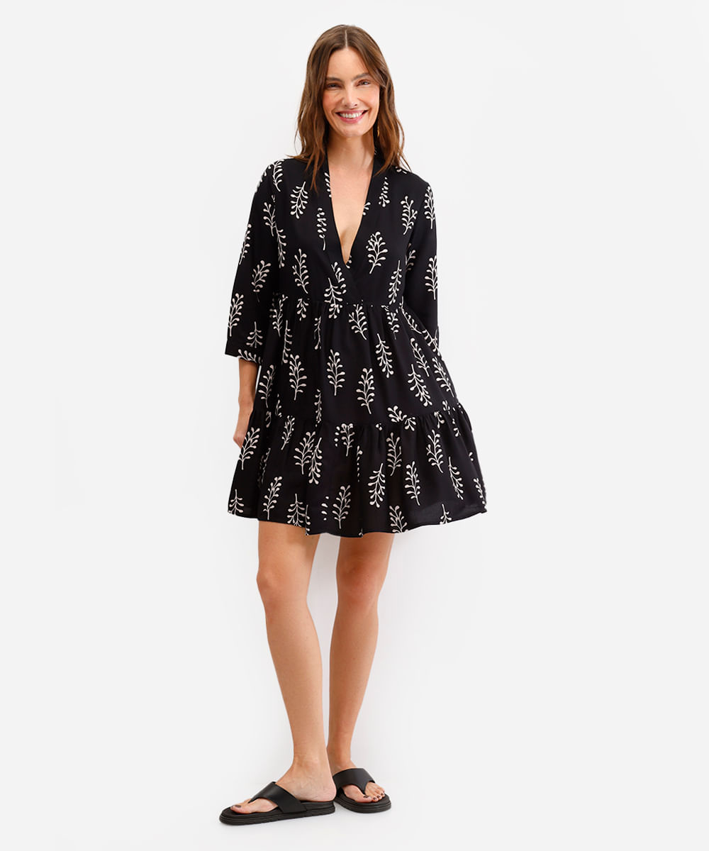 vestido feminino de viscose decote v folhagem preto