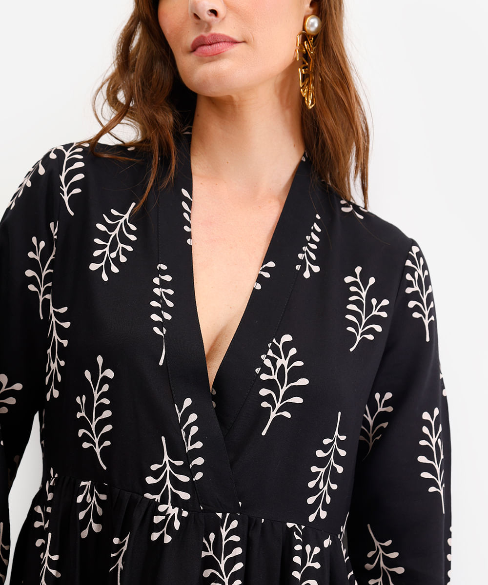 vestido feminino de viscose decote v folhagem preto