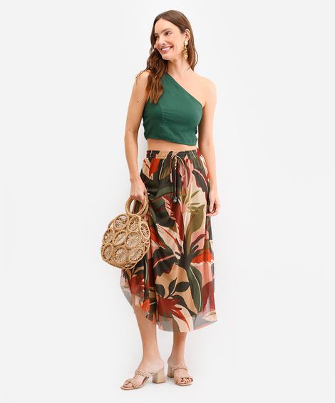 saia midi feminina de tule folhagens verde