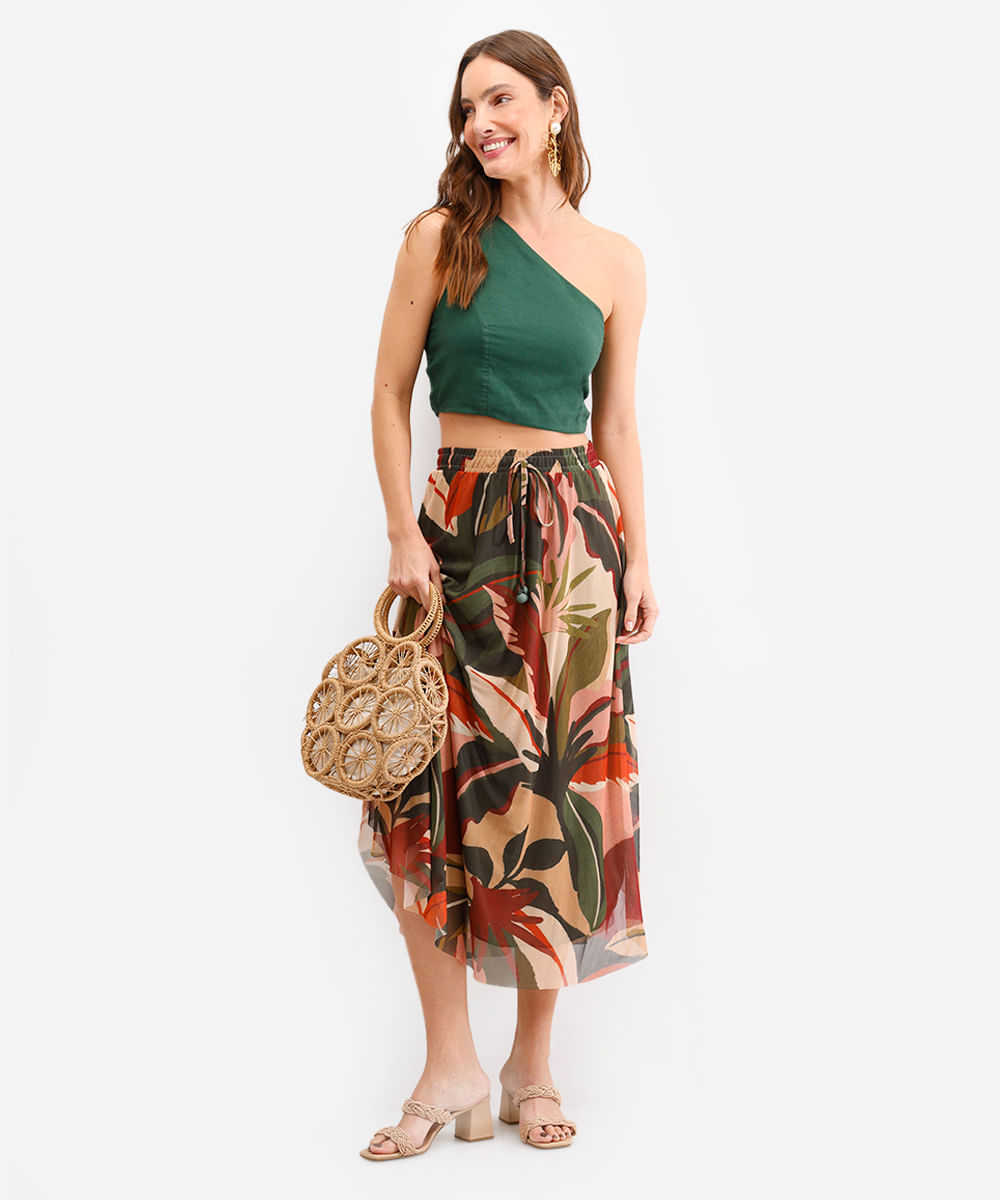saia midi feminina de tule folhagens verde