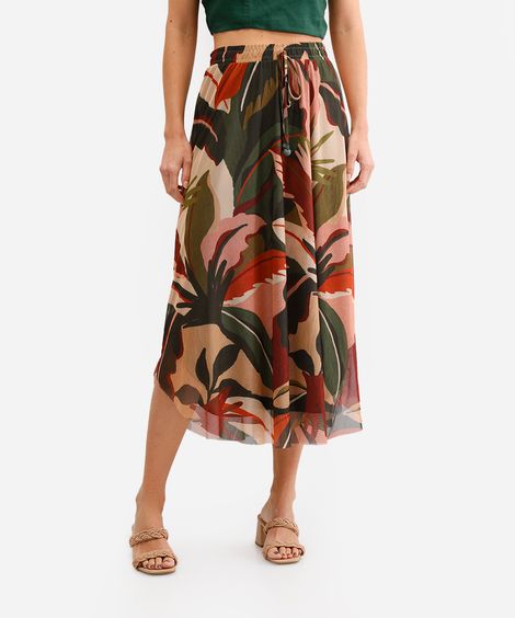 saia midi feminina de tule folhagens verde