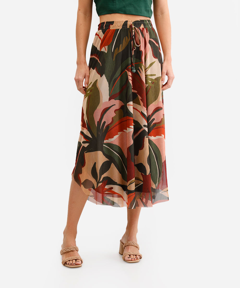 saia midi feminina de tule folhagens verde