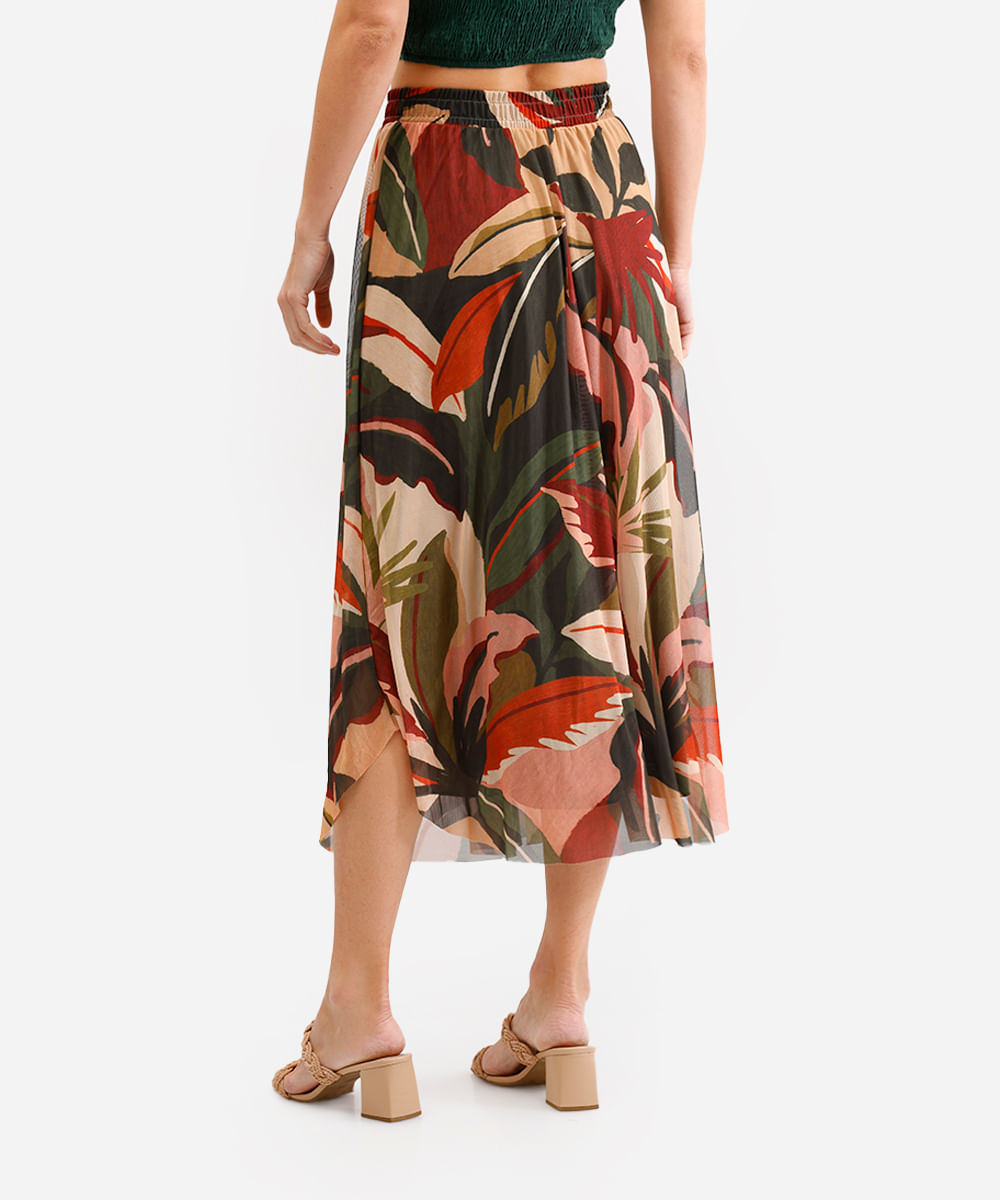 saia midi feminina de tule folhagens verde