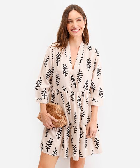 vestido feminino de viscose decote v folhagem bege