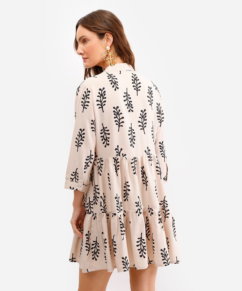 vestido feminino de viscose decote v folhagem bege