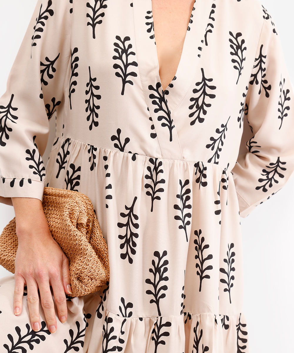 vestido feminino de viscose decote v folhagem bege
