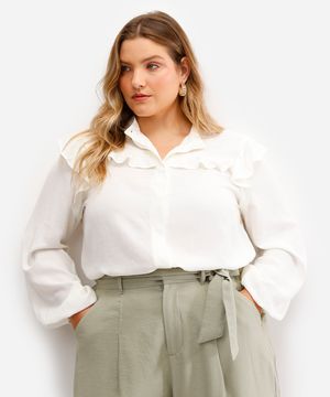 camisa feminina com babados plus size off white