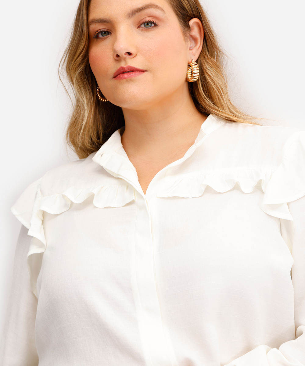 camisa feminina com babados plus size off white