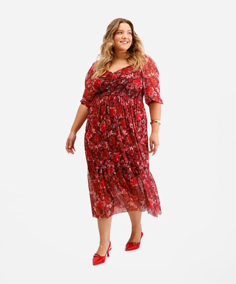 vestido midi feminino de tule floral plus size vinho